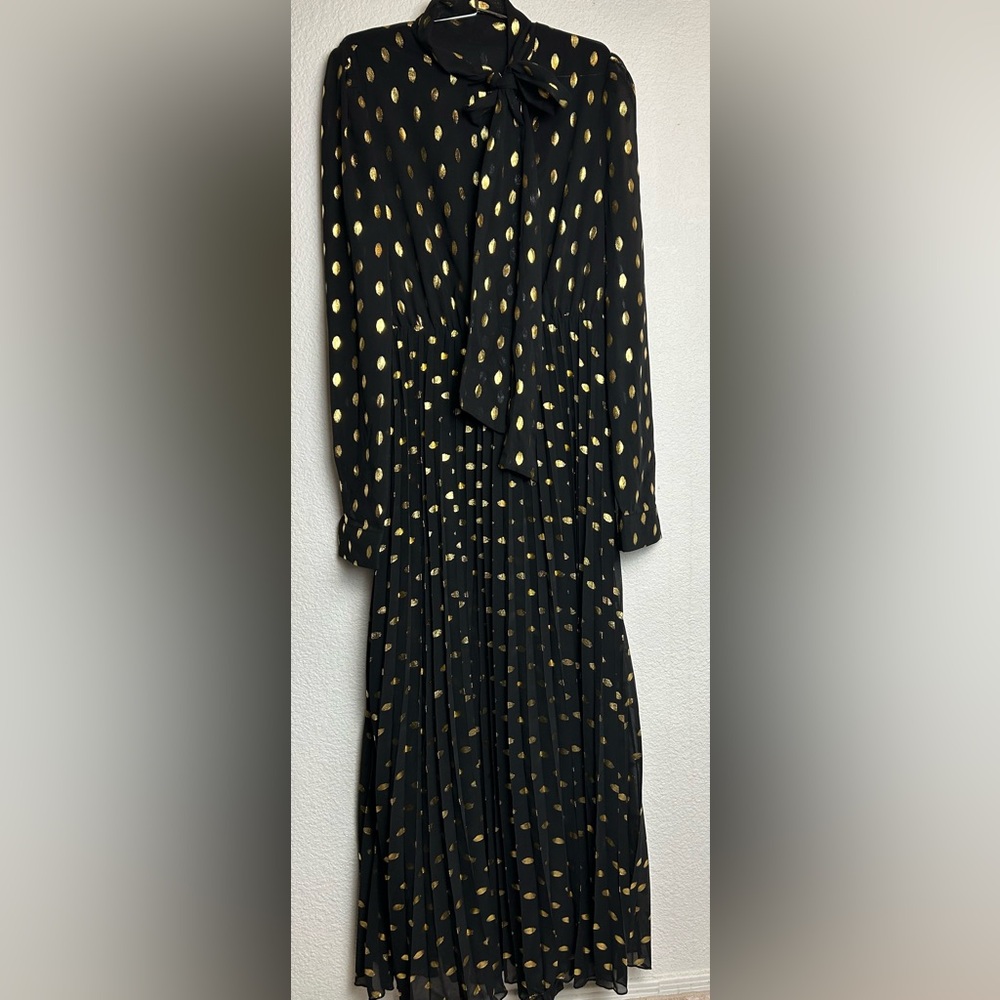 Commense Black and Gold Polka Dot Long Sleeve Midi Dress with Bow - Picture 6 of 12